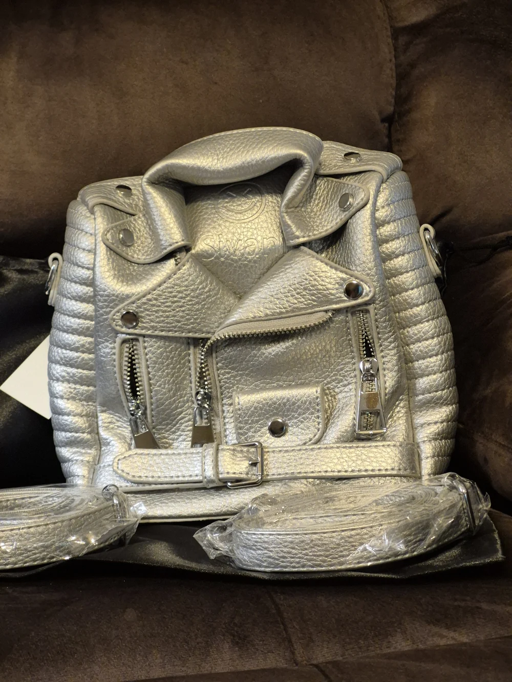 Metallic Silver Women’s Satchel Backpack - Textured Faux Leather